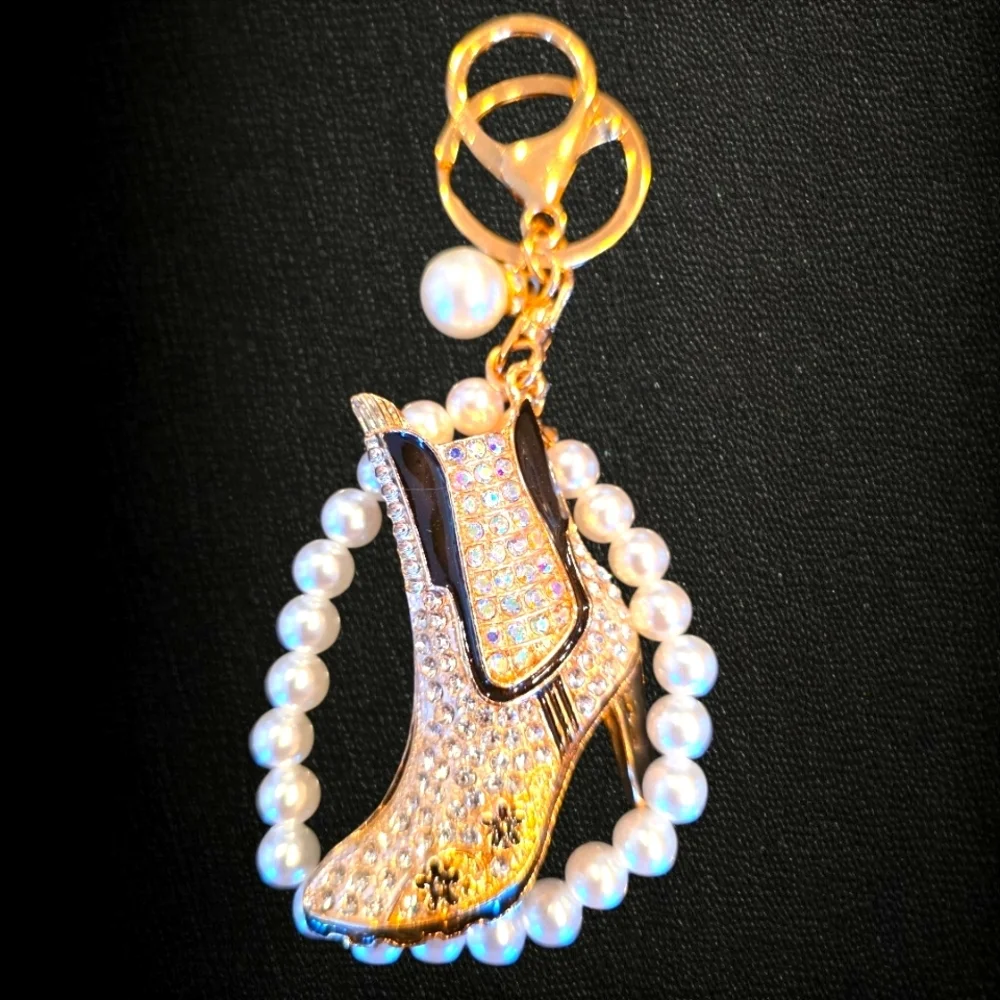 Stylish Gold and Black Rhinestone Cowboy Boot Charm with Pearl and Gold Accents